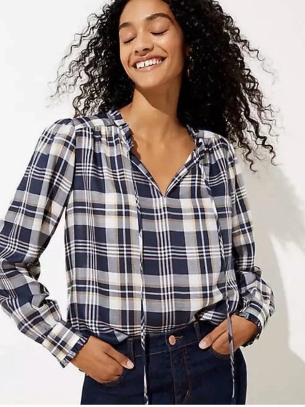 LOFT Navy, White and Tan Plaid Peasant Blouse